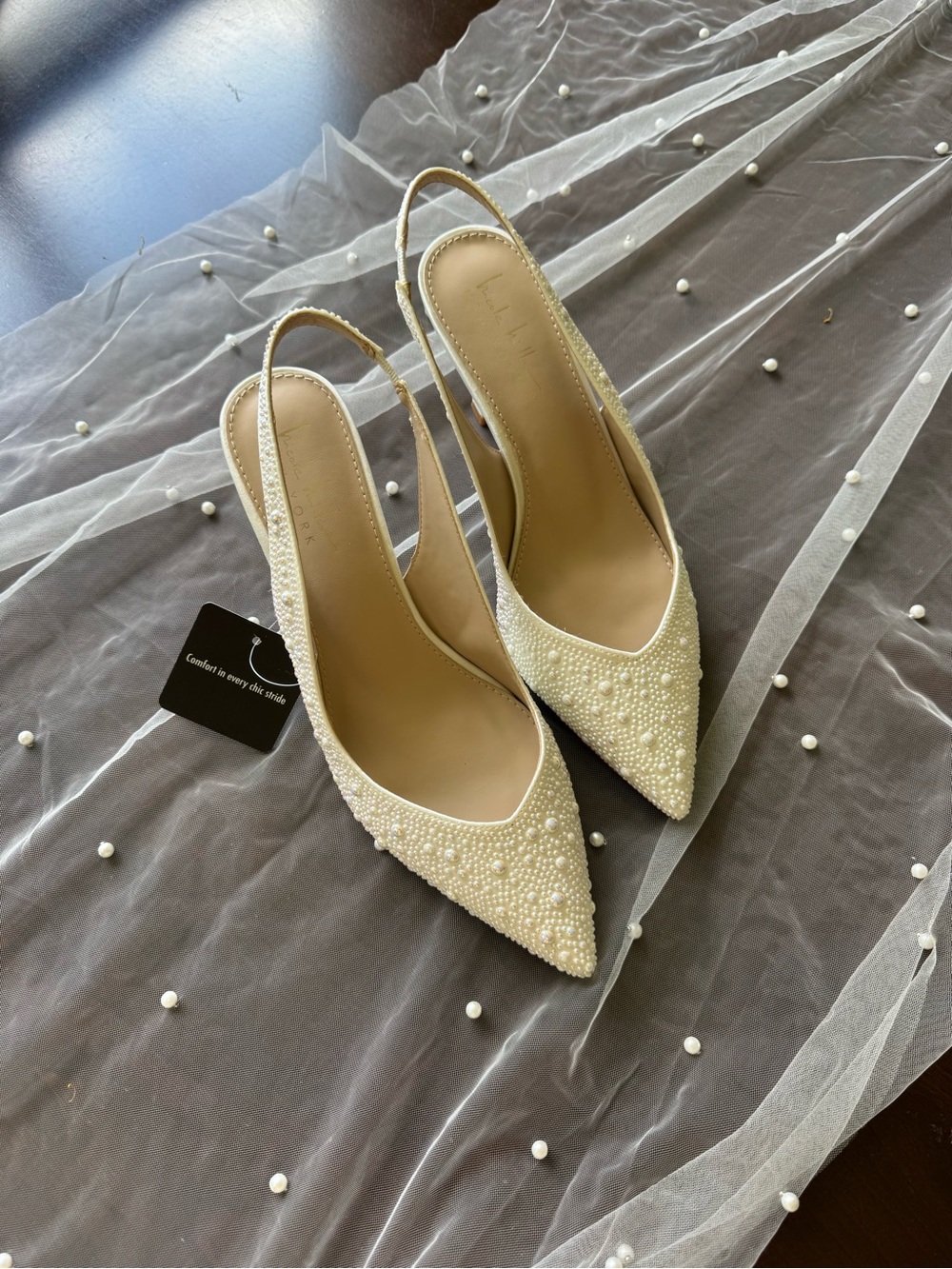 Nicole Miller Ivory Pearl-Embellished Slingback Heels